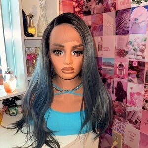 Long Straight Lace Front Wig – Smoky Blue Gray